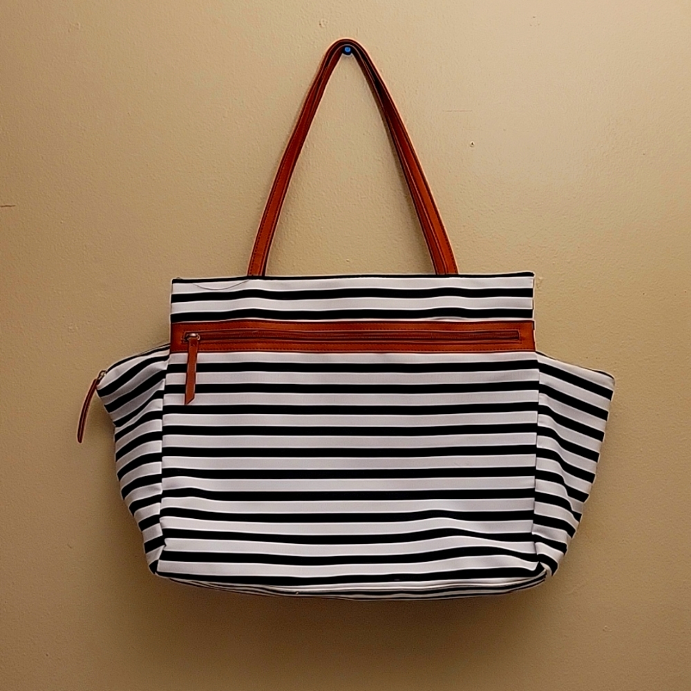 Three Pocket Black & White Striped Tote Weekender Bag
